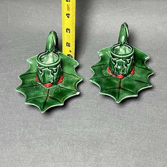 Vintage Antique Christmas Holly Berries Green Candle Stick Holders Holiday Decor - Picture 3 of 13